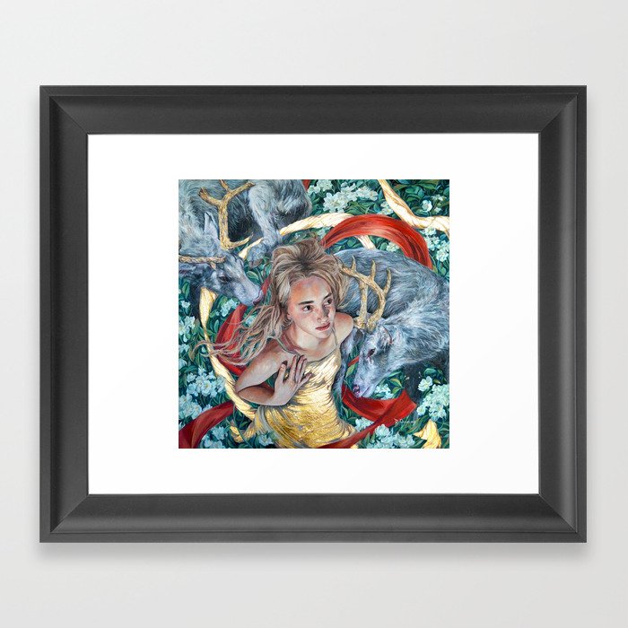 The Awakening, Goddess Artemis with Deer Framed Art Print