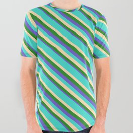 [ Thumbnail: Turquoise, Beige, Forest Green, and Slate Blue Colored Lines/Stripes Pattern All Over Graphic Tee ]