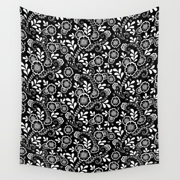 Black And White Eastern Floral Pattern Wall Tapestry