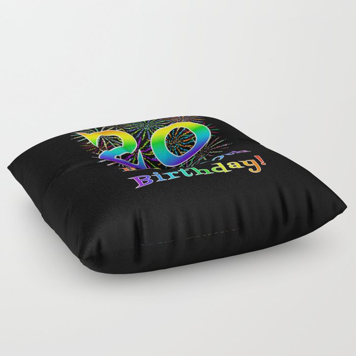 20th Birthday - Fun Rainbow Spectrum Gradient Pattern Text, Bursting Fireworks Inspired Background Floor Pillow