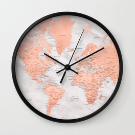 Rose gold and marble world map with cities, "Janine" Wall Clock