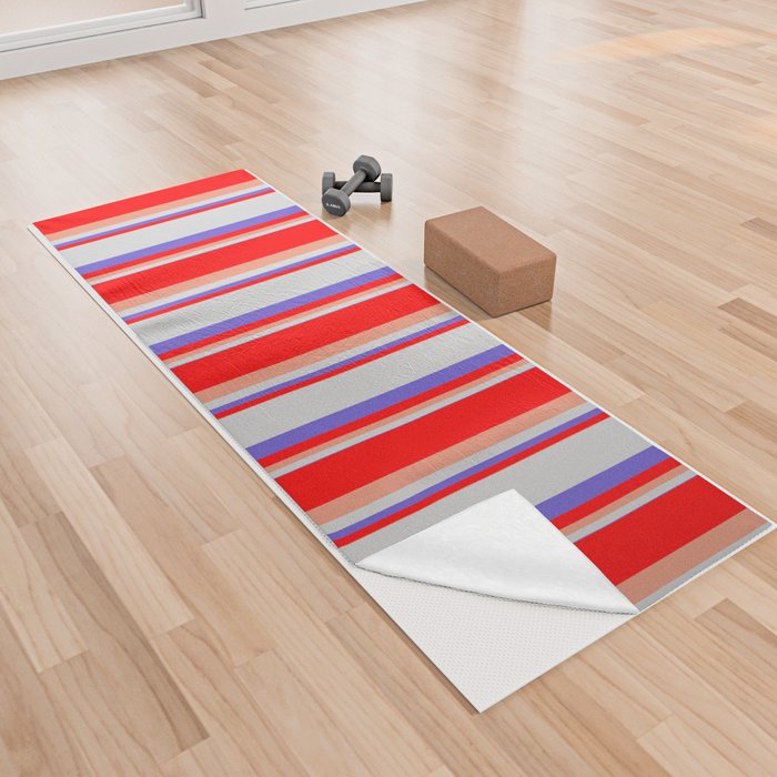 Dark Salmon, Red, Slate Blue & Light Gray Colored Lines Pattern Yoga Towel