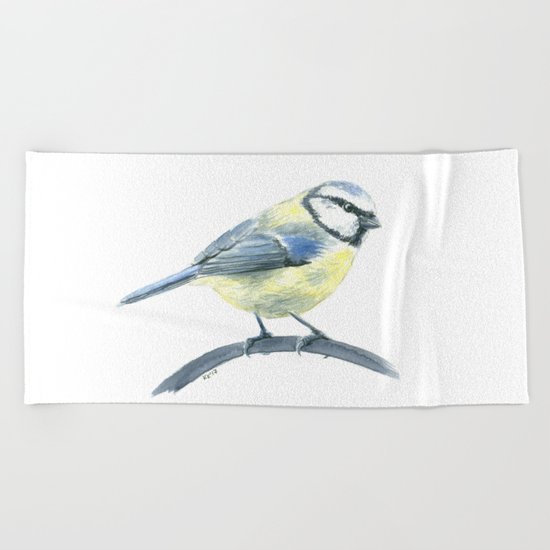 Blue tit, watercolor painting Beach Towel