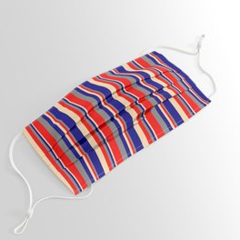 [ Thumbnail: Tan, Blue, Gray & Red Colored Lines/Stripes Pattern Face Mask ]