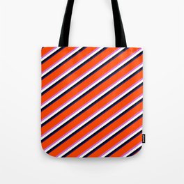 [ Thumbnail: Eyecatching Red, Orchid, White, Black, and Midnight Blue Colored Striped/Lined Pattern Tote Bag ]