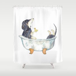 Dachshund taking bath watercolor Shower Curtain