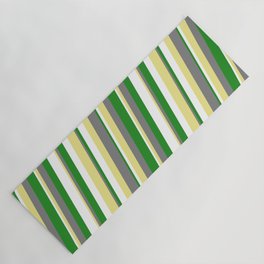 [ Thumbnail: Tan, Gray, Forest Green, and White Colored Stripes Pattern Yoga Mat ]