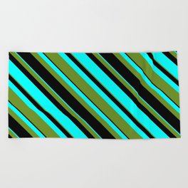 [ Thumbnail: Green, Black, and Aqua Colored Lined Pattern Beach Towel ]