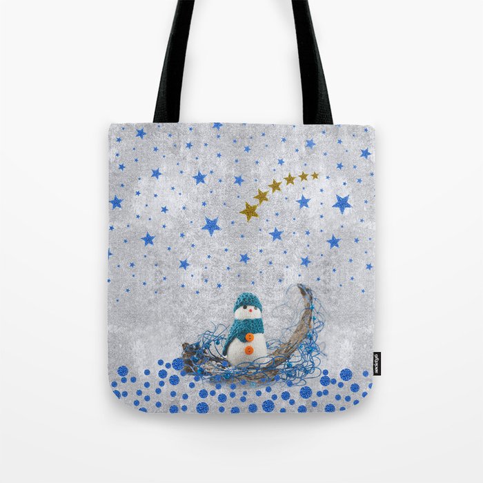 Snowman with sparkly blue stars Tote Bag