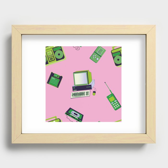 Fancy pink and green pattern design, retro technology Recessed Framed Print