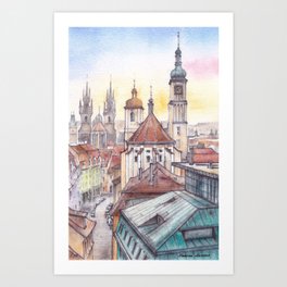 Sunset in Prague - ink and watercolor illustration Art Print