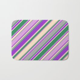 [ Thumbnail: Colorful Dark Orchid, Bisque, Dark Gray, Sea Green & Plum Colored Lines Pattern Bath Mat ]