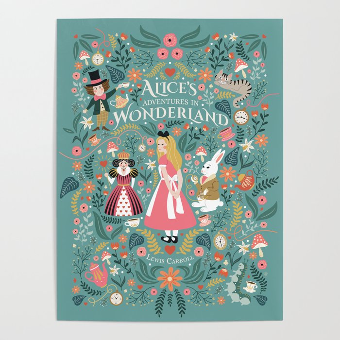 Alice in Wonderland - Pink Poster | Graphic-design, Alice, Wonderland, Tea, Illustration, Digital, Pattern, Queen-of-heart, Mad-hatter, Cat