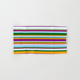 [ Thumbnail: Eyecatching Orange, Purple, Mint Cream, Light Sky Blue & Dark Green Colored Stripes/Lines Pattern Hand & Bath Towel ]