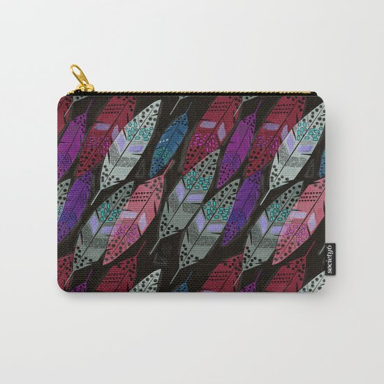Multi colored feathers on black background . Carry-All Pouch