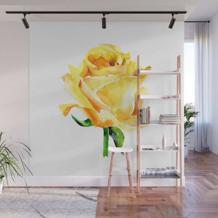 Single Yellow Rose Watercolour Painting Wall Mural By Context