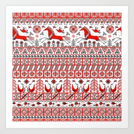 Birds,horses,spruce-symbols of prosperity and good luck. Mezen painting. Russian folklore ornament. Seamless Pattern.  Art Print | Embroidery, Ethnic, Folk, Fabric, Homedecor, Card, Blackoutline, Vintage, Graphicdesign, Retro 