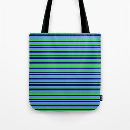 [ Thumbnail: Cornflower Blue, Lime Green, and Blue Colored Striped/Lined Pattern Tote Bag ]