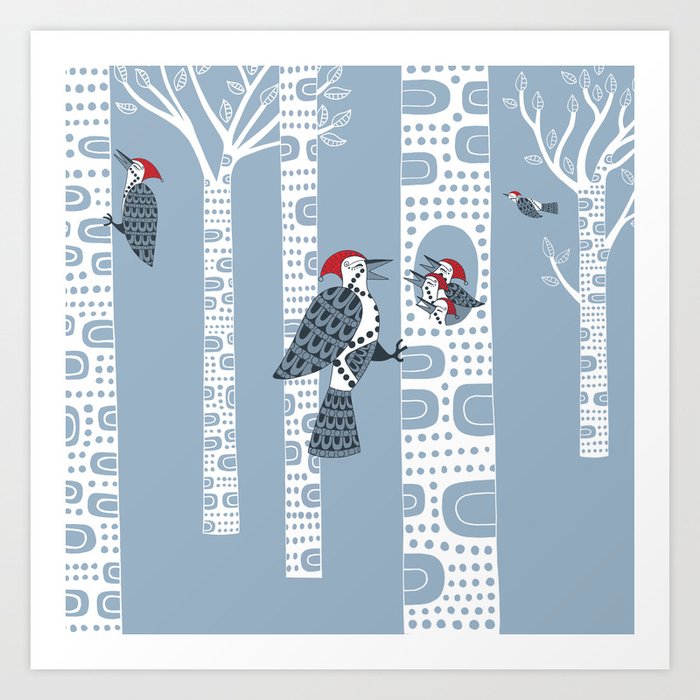 Woodpecker Birch Forest Art Print