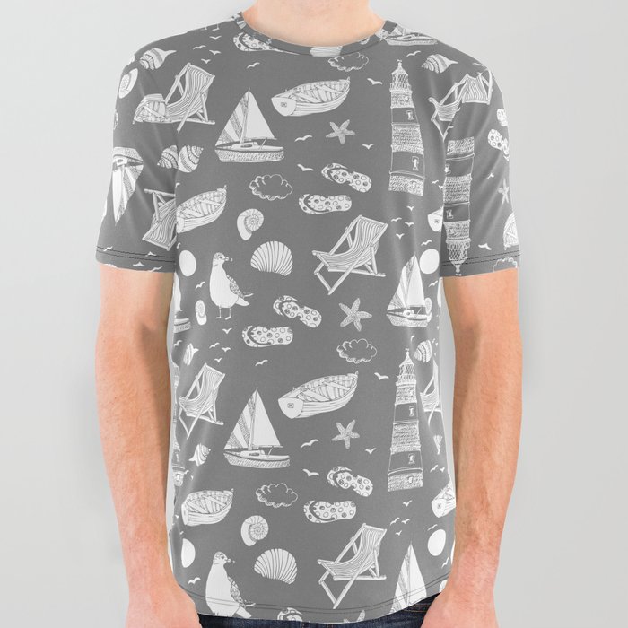 Grey And White Summer Beach Elements Pattern All Over Graphic Tee