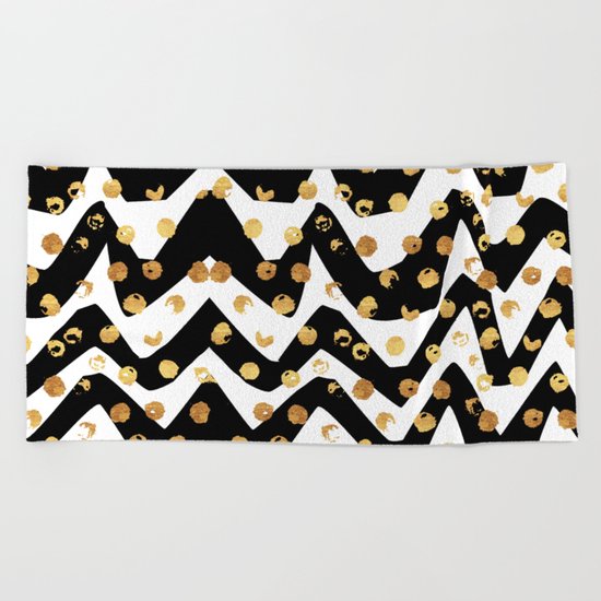 Gold Glory | Gold Foil Pattern, Black White Geometric Pattern, Mosaic Pattern, Gold Seamless Pattern Beach Towel