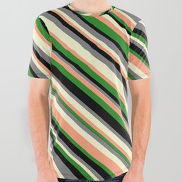 [ Thumbnail: Eye-catching Gray, Light Yellow, Light Salmon, Forest Green & Black Colored Striped Pattern All Over Graphic Tee ]