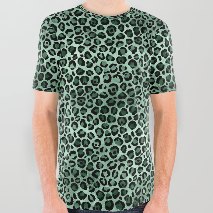 Green Metallic Leopard Pattern All Over Graphic Tee