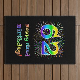 [ Thumbnail: 62nd Birthday - Fun Rainbow Spectrum Gradient Pattern Text, Bursting Fireworks Inspired Background Outdoor Rug ]