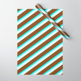 [ Thumbnail: Brown, Aqua & Light Cyan Colored Lined Pattern Wrapping Paper ]
