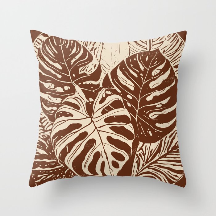 lithograph style Monstera leaves sepia Throw Pillow
