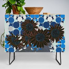 Modern sunflowers with a circle geometric background - blue Credenza