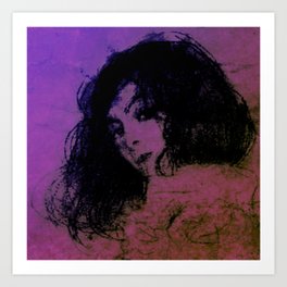 Pink Orange Edit by Veda of Gustav Klimt Charcoal Sketch Portrait of a Young Woman Abstract Pretty Dark Wavy Hair Modern Version Antique Drawing Art Print