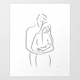 Family - mother and father with baby line drawing. Art Print