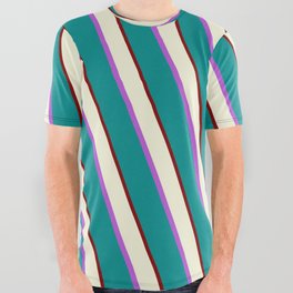 [ Thumbnail: Beige, Orchid, Dark Cyan, and Maroon Colored Striped/Lined Pattern All Over Graphic Tee ]