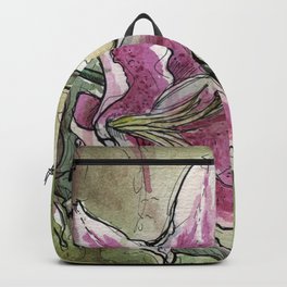 Stargazer Lily - Tiger Lily - Watercolor Flower Painting floral pink green  Backpack