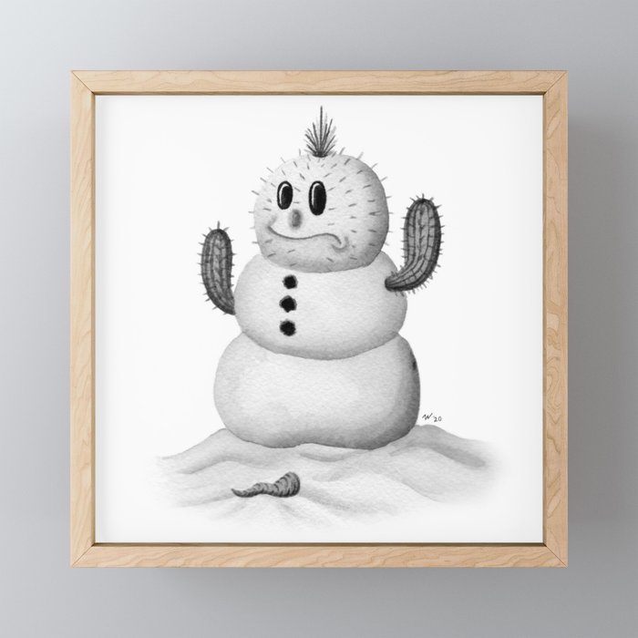 Cactus Snowman Framed Mini Art Print
