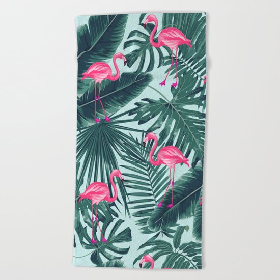 tropical pink flamingo Beach Towel