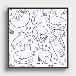 Quirky Cat Doodle in Blue Framed Canvas