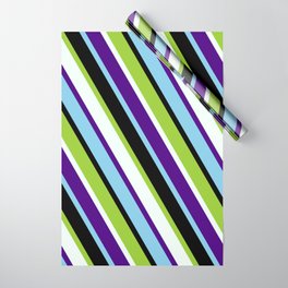 [ Thumbnail: Colorful Green, Mint Cream, Indigo, Sky Blue & Black Colored Lines/Stripes Pattern Wrapping Paper ]