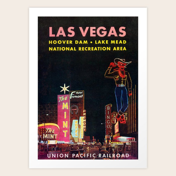 1960s Vintage Downtown Las Vegas Travel Poster Art Print by ginneko