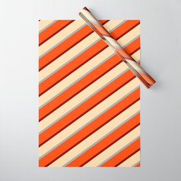 [ Thumbnail: Tan, Dark Gray, Red & Maroon Colored Striped Pattern Wrapping Paper ]