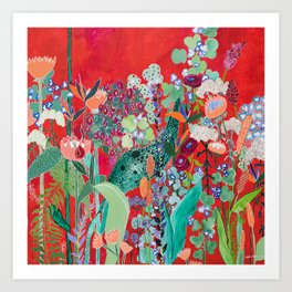 Red floral Jungle Garden Botanical featuring Proteas, Reeds, Eucalyptus, Ferns and Birds of Paradise Kunstdrucke