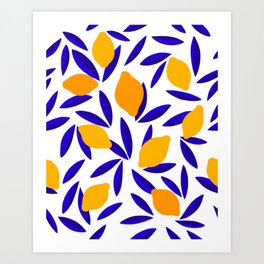 Blue and yellow Lemon Summery Pattern Art Print