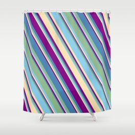 [ Thumbnail: Eyecatching Blue, Dark Sea Green, Sky Blue, Beige, and Purple Colored Lines Pattern Shower Curtain ]