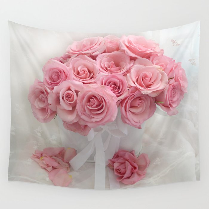 Pink Roses White Roses Shabby Chic Romantic Floral Home Decor Wall Tapestry