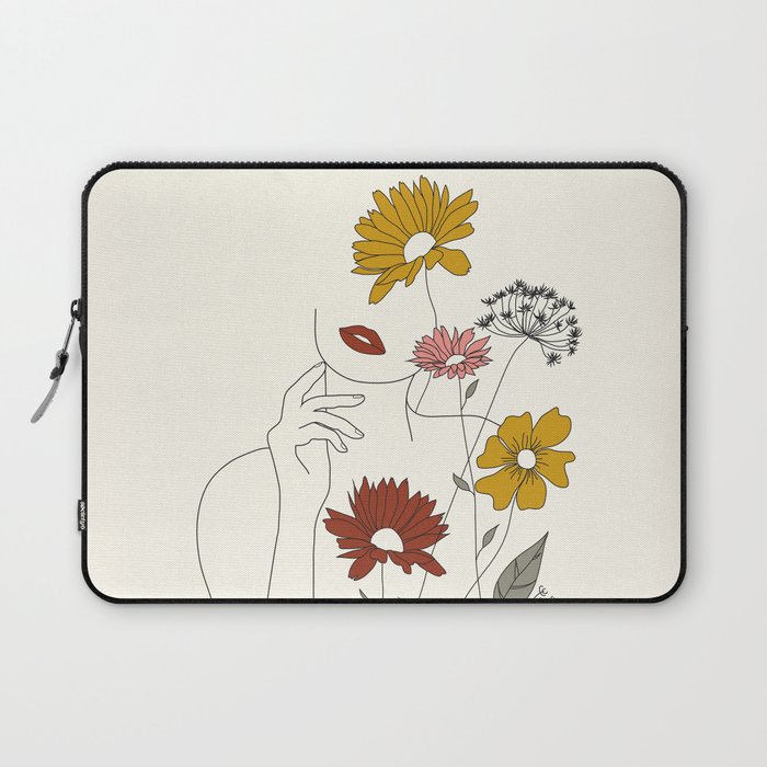 Colorful Thoughts Minimal Line Art Woman with Flowers III Laptop Sleeve
