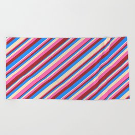 [ Thumbnail: Tan, Hot Pink, Brown & Blue Colored Striped Pattern Beach Towel ]