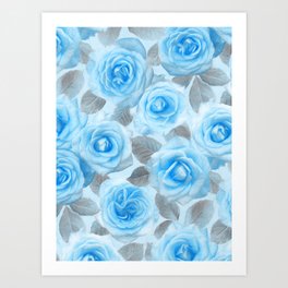 Painted Roses in Blue & Grey Art Print