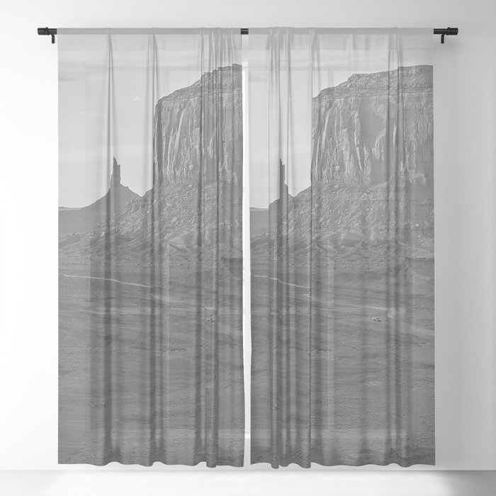 Oljato Monument Valley, Arizona, natural rock formations under blue sky black and white landscape photograph / photography Sheer Curtain