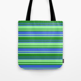 [ Thumbnail: Forest Green, Royal Blue & Light Green Colored Striped Pattern Tote Bag ]